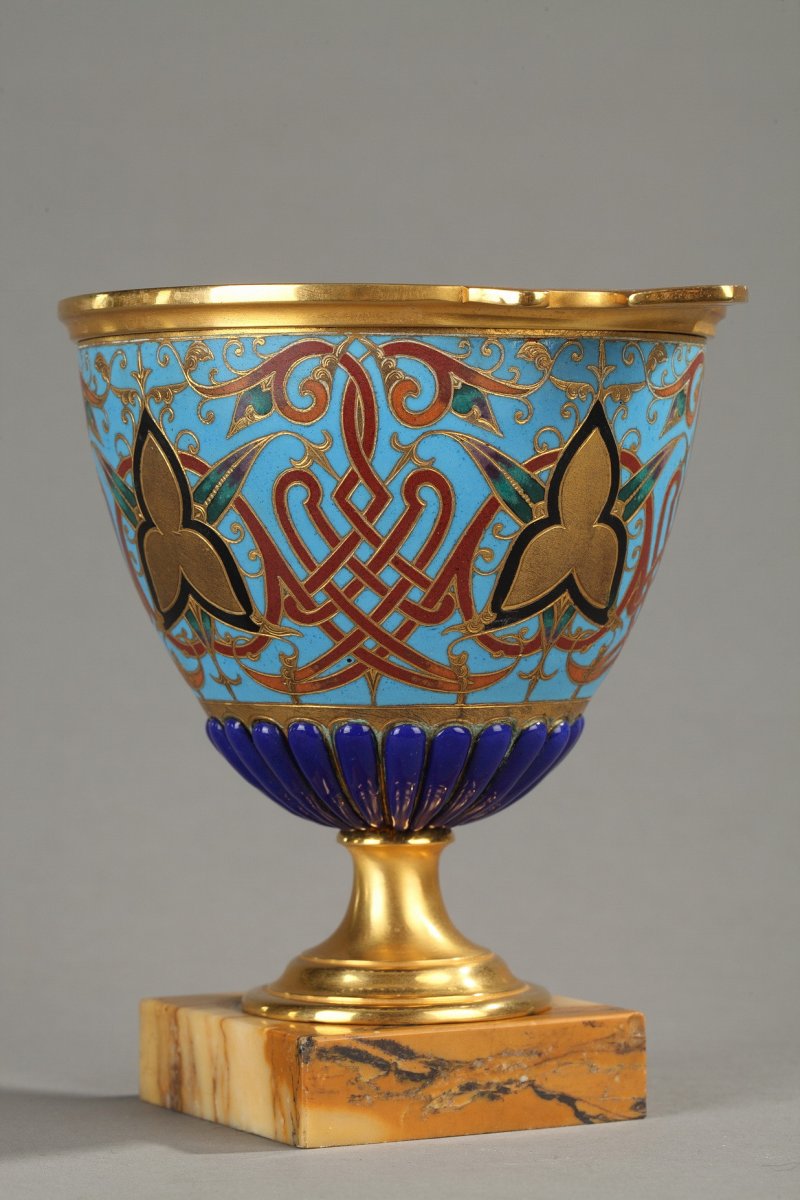 Coupe Bleue En Bronze Doré Et Cloisonné-photo-3