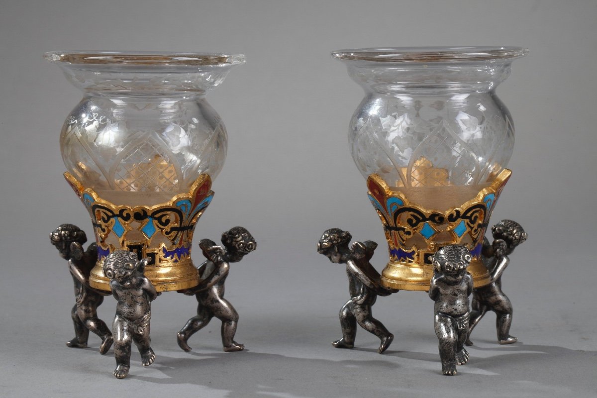 Pair Of Small Table Centers In Cloisonné Enamel And Etched Glass.-photo-5