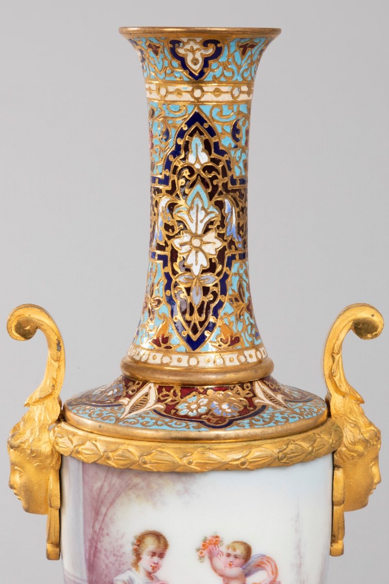 Enameled Porcelain Vase, Gilt Bronze, Cloisonne Enamel.-photo-3