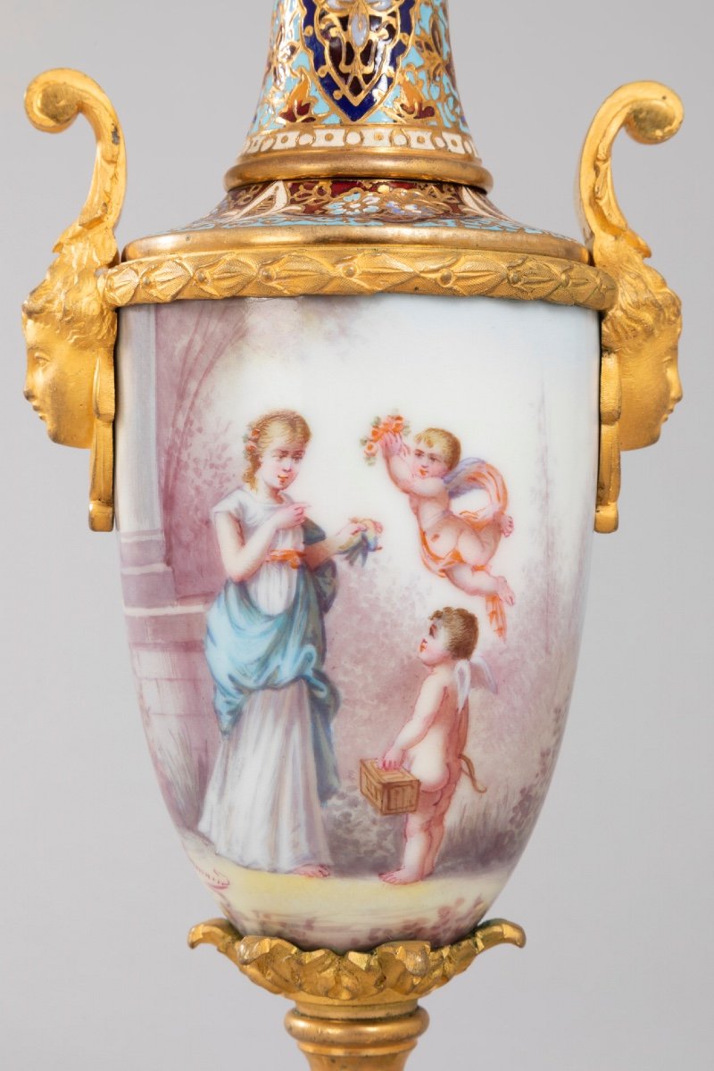 Vase à Col En Porcelaine émaillée, Bronze Doré , émail Cloisonné.-photo-4