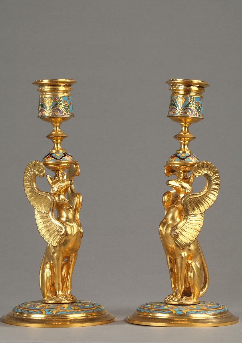 Candlesticks With Winged Griffins F. Barbedienne In Cloisonne And Gilt Bronze-photo-2