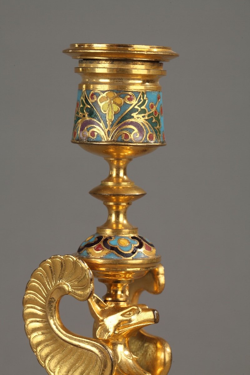 Candlesticks With Winged Griffins F. Barbedienne In Cloisonne And Gilt Bronze-photo-3