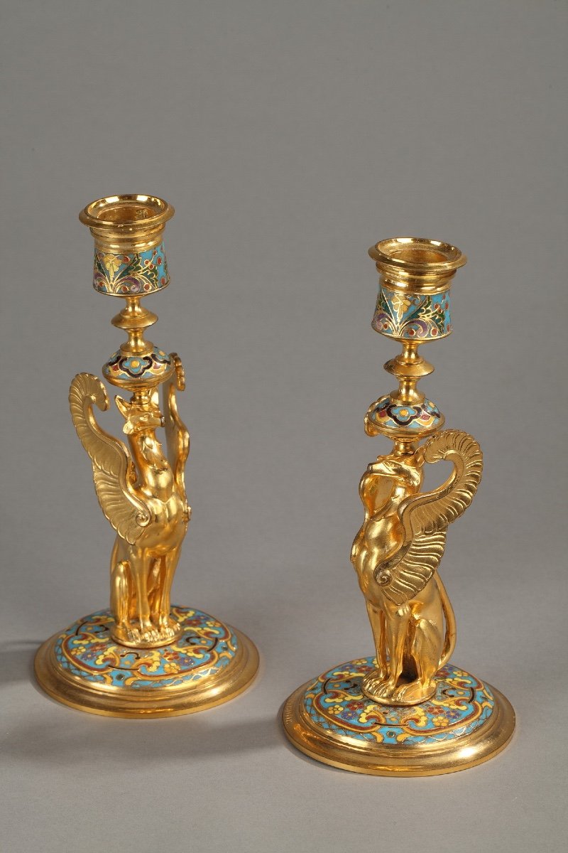 Candlesticks With Winged Griffins F. Barbedienne In Cloisonne And Gilt Bronze