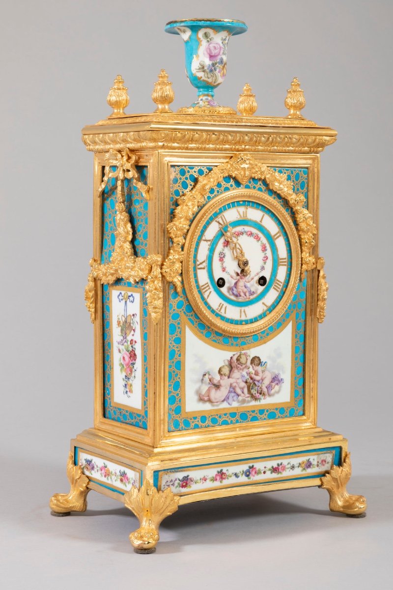 Borne Louis XVI Clock In Gilt Bronze With Mercury And Sèvres Porcelain-photo-2