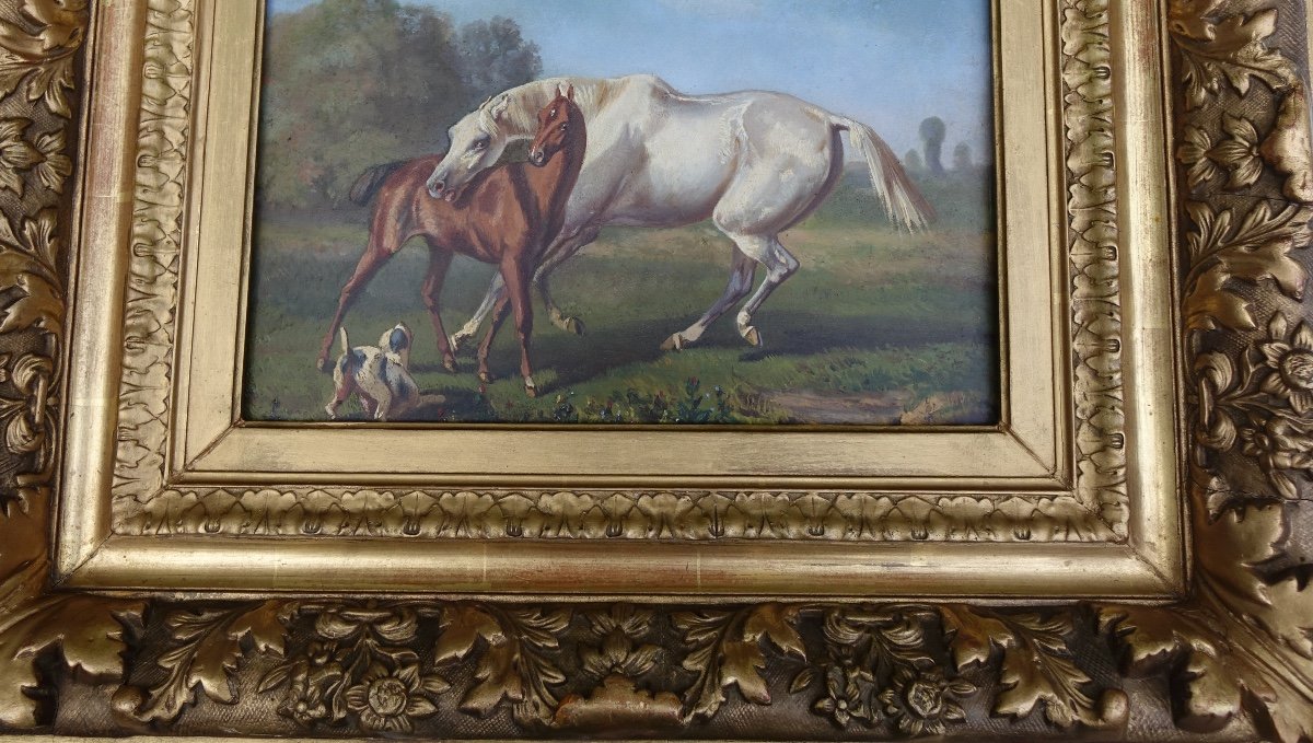Oil On Panel, Horse And His Foal-photo-2