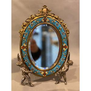 Ravissant Miroir Aux Putti En émail Cloisonné Et Bronze Argenté