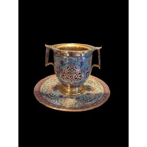 Pot With Handles And Its Tray In Cloisonné Enamel Signed: F.barbedienne