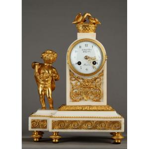Charmante pendule Louis XVI, Festeau le jeune, en marbre blanc et bronze doré