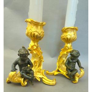 Pair Of Ormolu And Patinated Candlesticks, L.xv Style, Barbedienne House