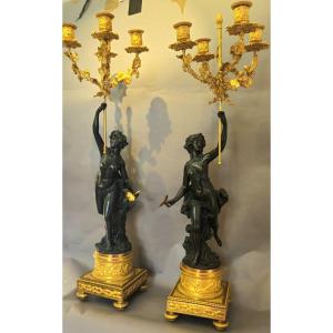 Pair Of Large Candelabra With Bacchantes, Ormolu And Patinated Bronze