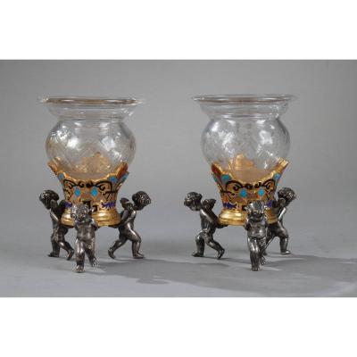 Pair Of Small Table Centers In Cloisonné Enamel And Etched Glass.