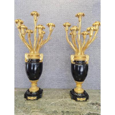 Pair Of Black Marble Candelabra, 7 Lights