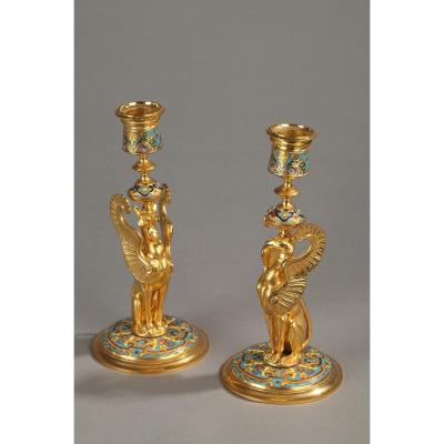 Candlesticks With Winged Griffins F. Barbedienne In Cloisonne And Gilt Bronze