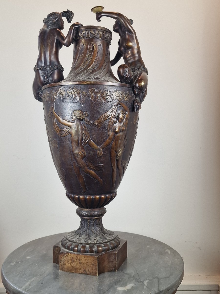 Large Bronze Vase Decorated With Fauns And Classical Scenes – 19th Century