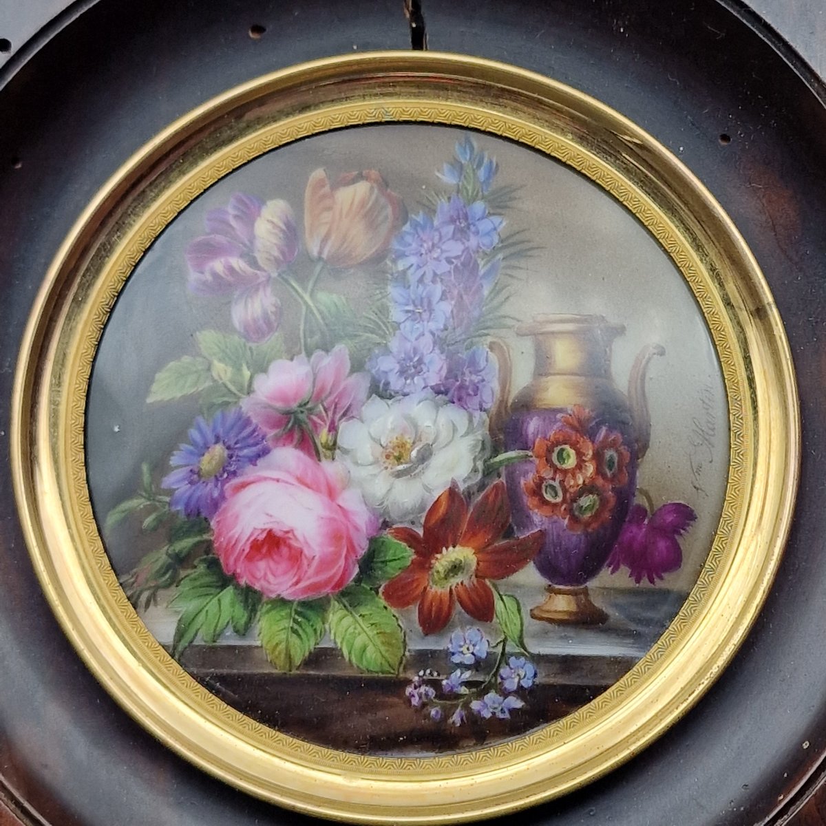 Peinture sur porcelaine, nature morte aux fleurs et vase polychrome – Début XIXe siècle-photo-2