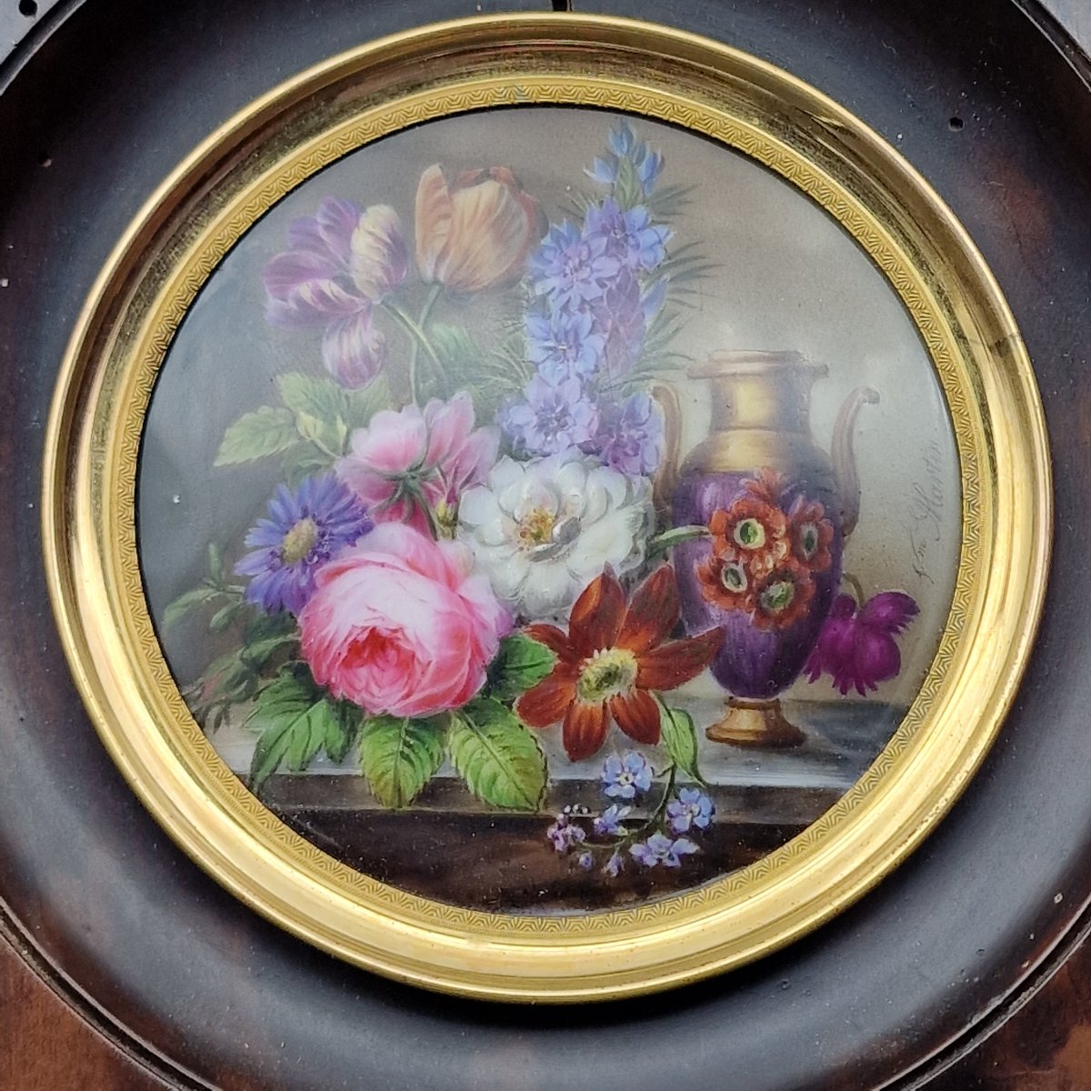 Peinture sur porcelaine, nature morte aux fleurs et vase polychrome – Début XIXe siècle-photo-3