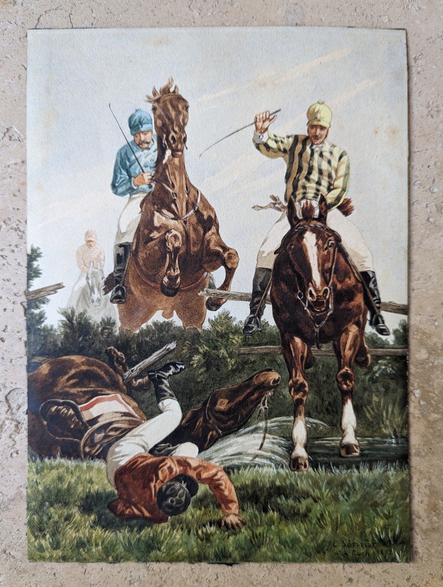 Cavaliers Aquarelle signée Seriziat d'après Koch 1882-photo-1
