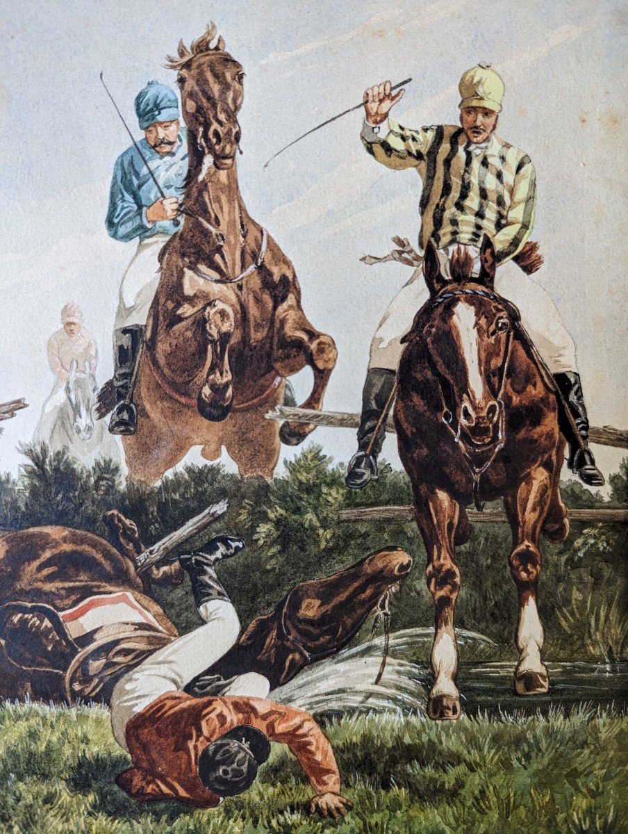 Cavaliers Aquarelle signée Seriziat d'après Koch 1882-photo-3