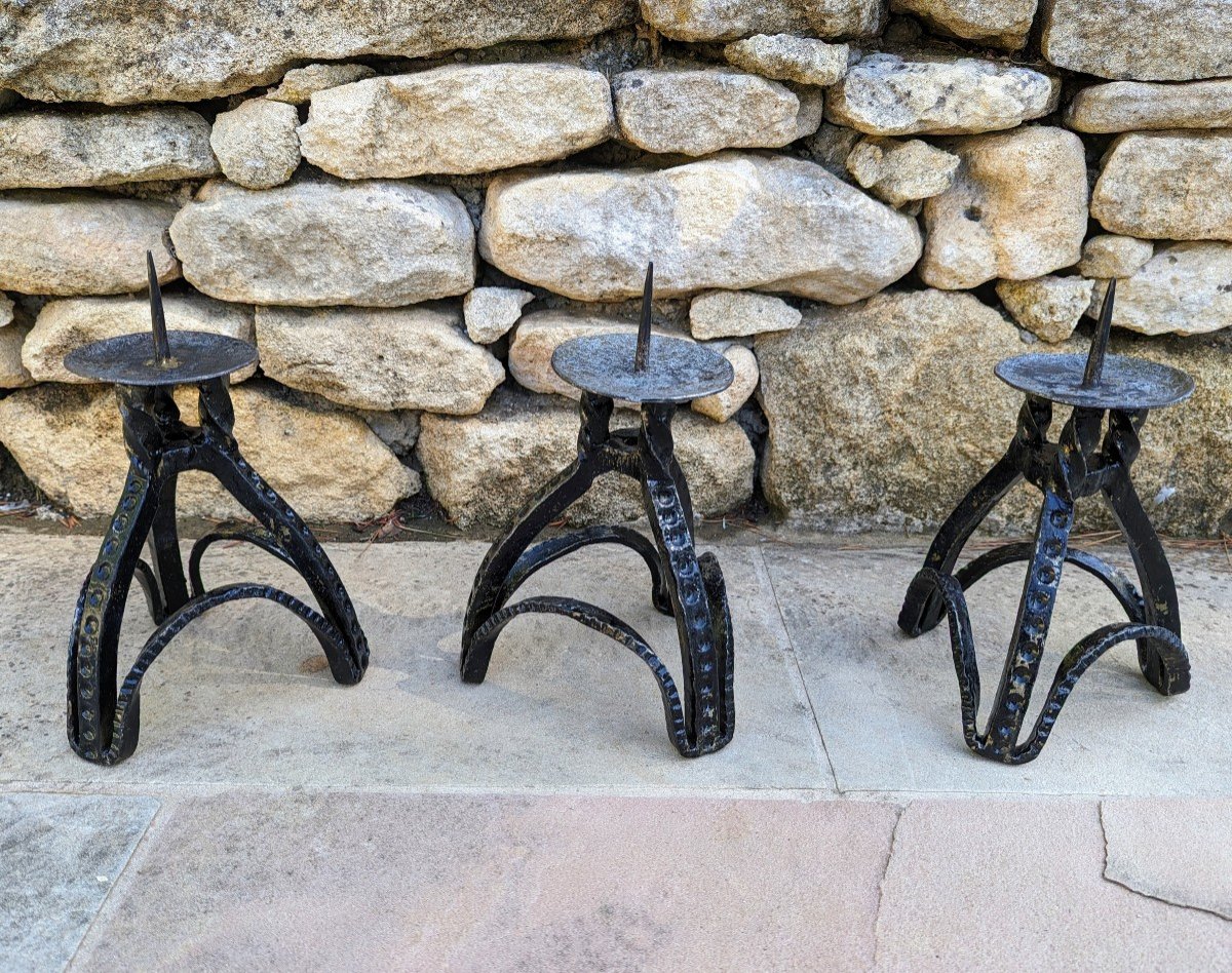3 Candlesticks, Candle Holders. Wrought Iron 1950s-photo-2