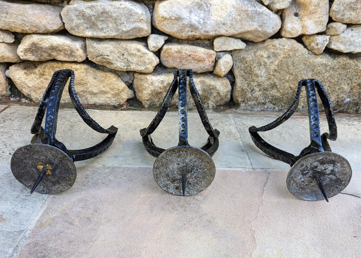 3 Candlesticks, Candle Holders. Wrought Iron 1950s-photo-4