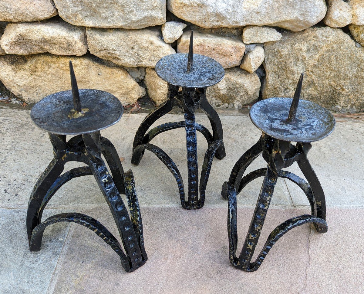 3 Candlesticks, Candle Holders. Wrought Iron 1950s-photo-1