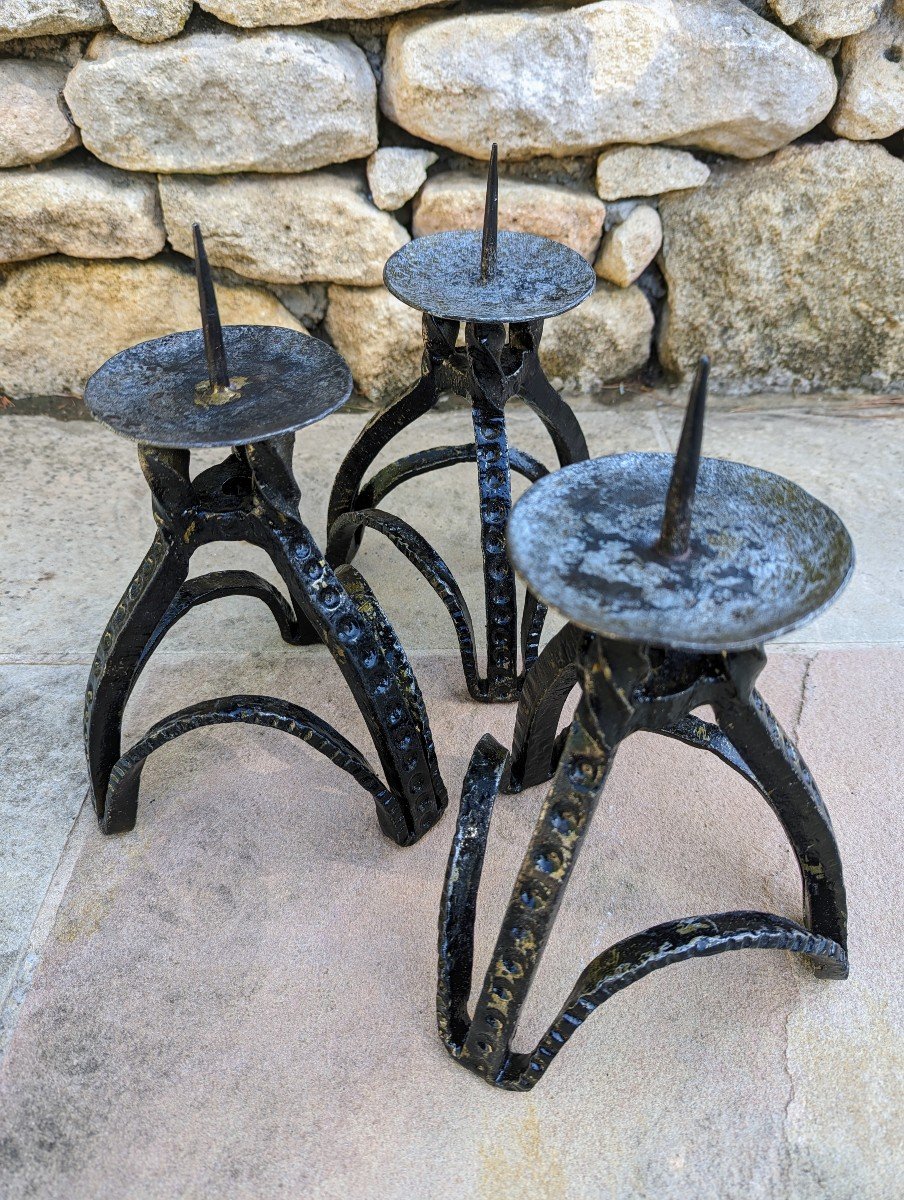 3 Candlesticks, Candle Holders. Wrought Iron 1950s