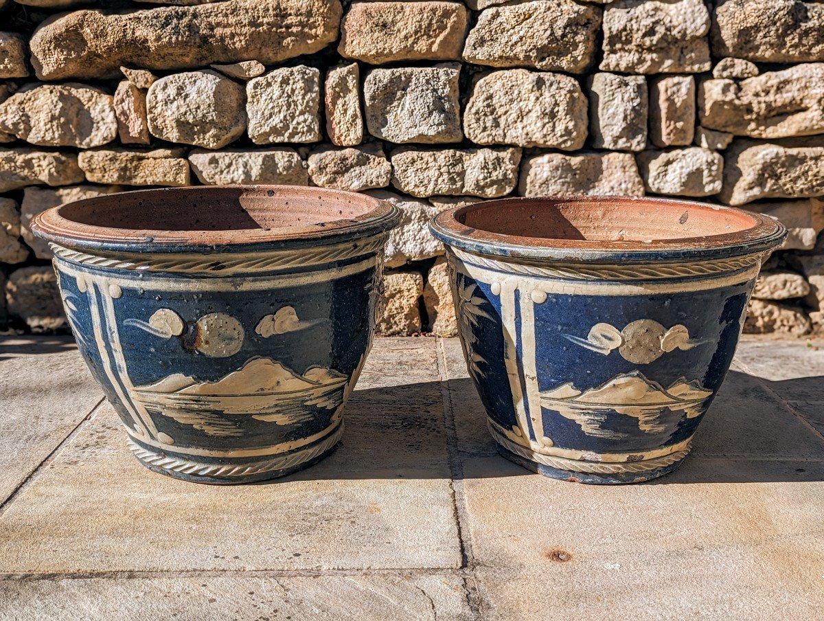 Pair Of Pots, Enameled Terracotta Planters.-photo-2