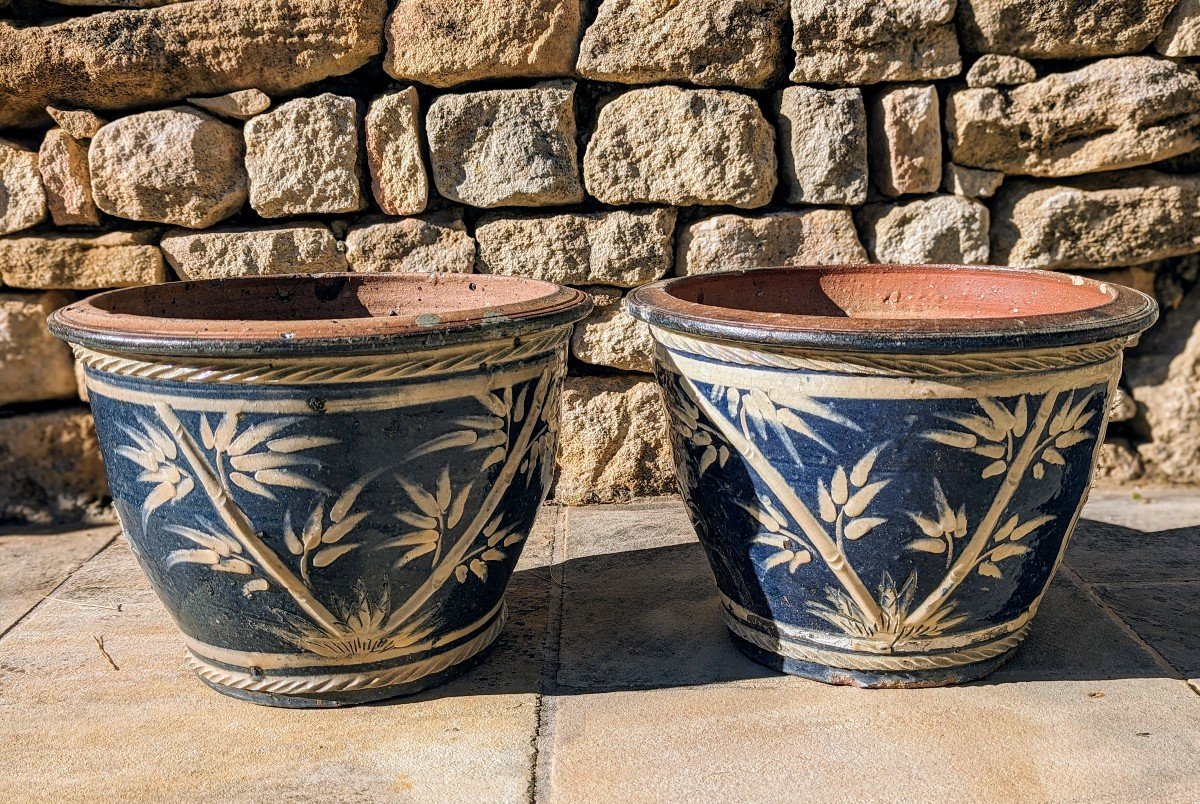 Pair Of Pots, Enameled Terracotta Planters.-photo-3