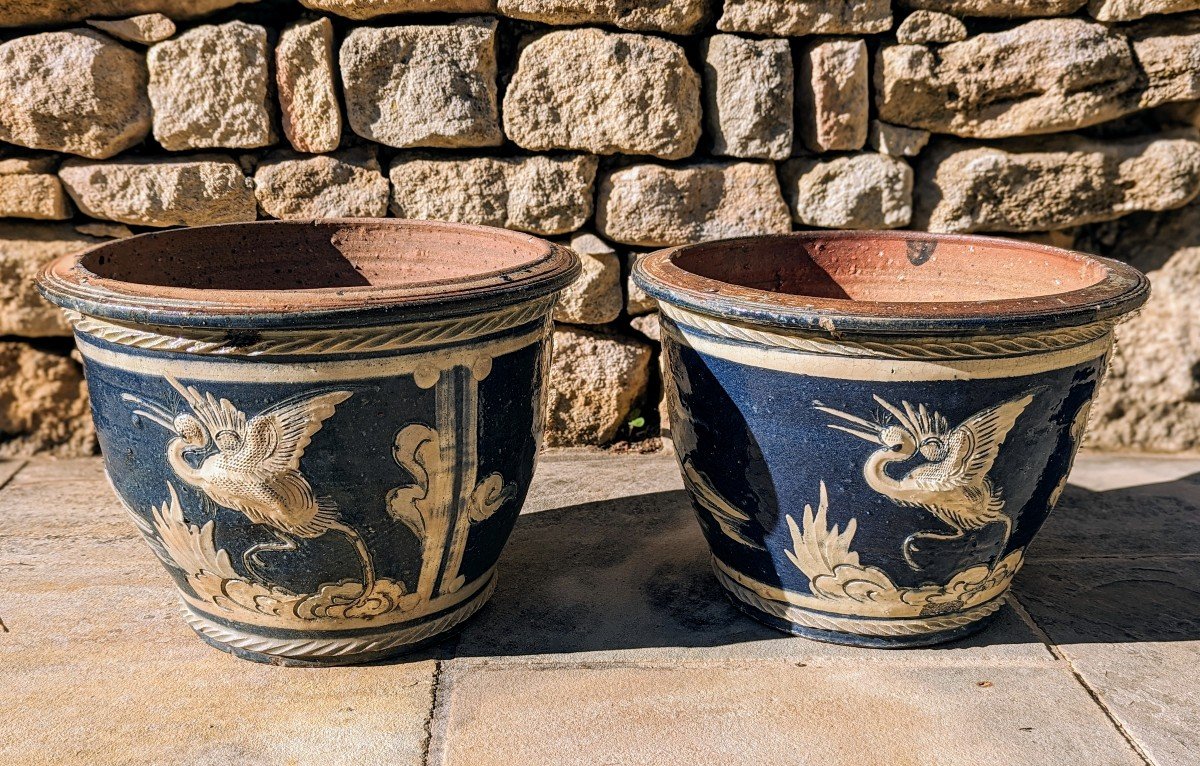 Pair Of Pots, Enameled Terracotta Planters.-photo-4