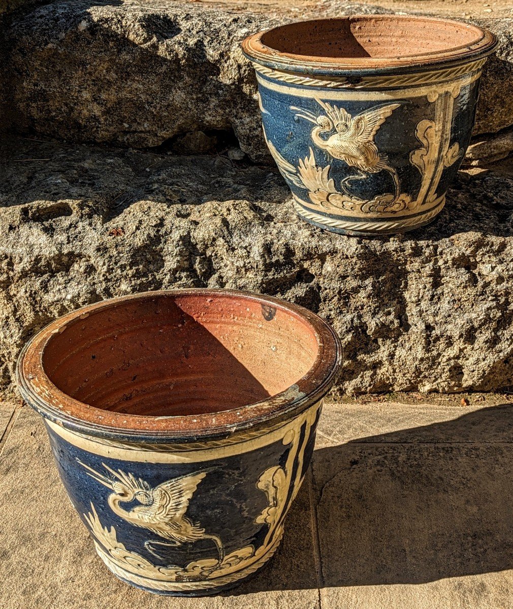 Pair Of Pots, Enameled Terracotta Planters.