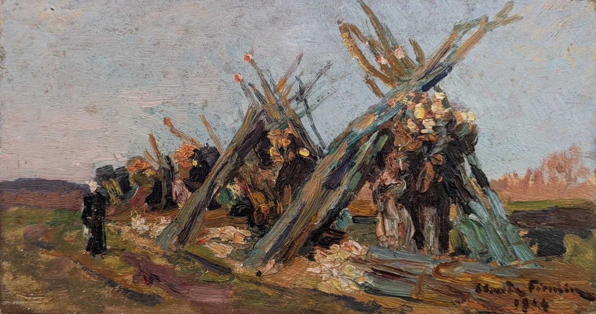 Paysage animé signé Claude Firmin, Daté 1914-photo-3