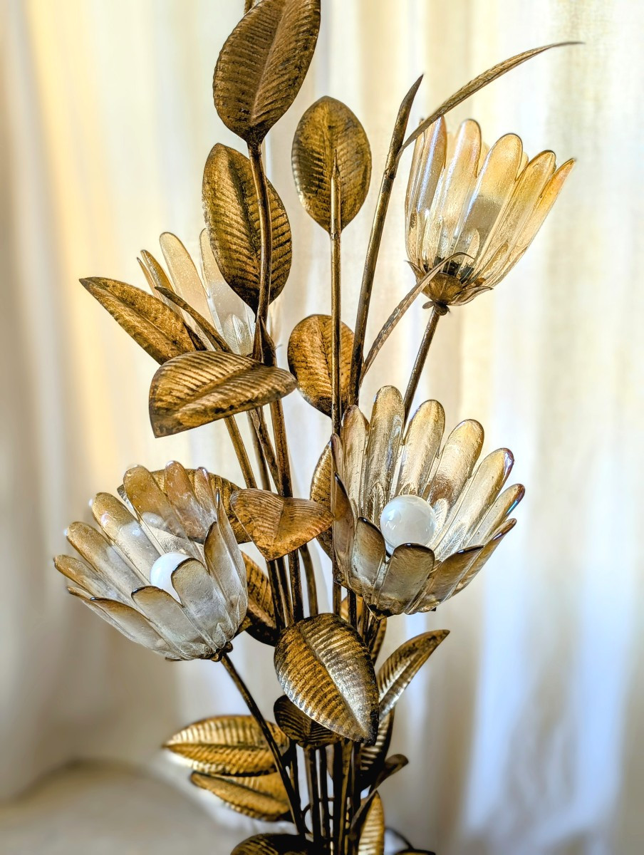 Hollywood Regency Style Floor Lamp, Gilded Metal & Murano 