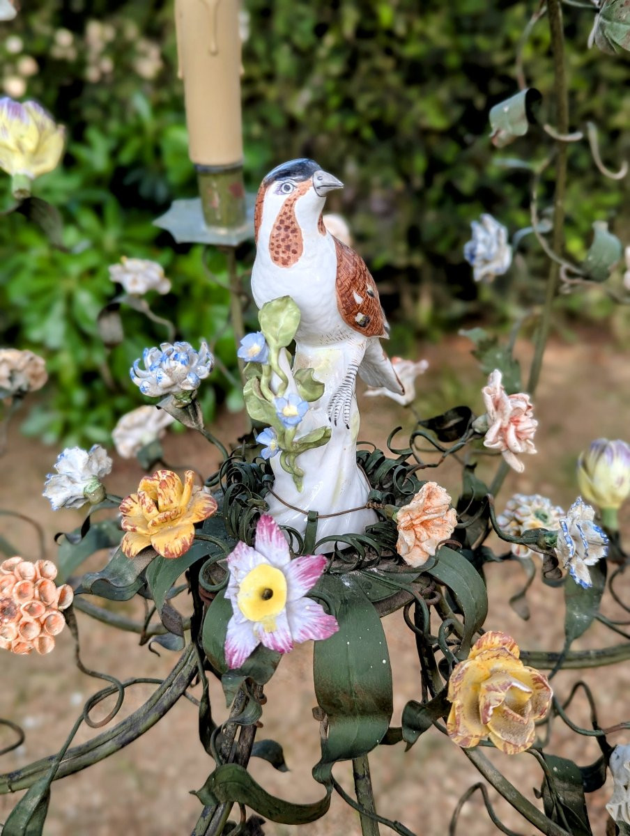 Lustre cage avec feuillage et fleurs et oiseau-photo-2