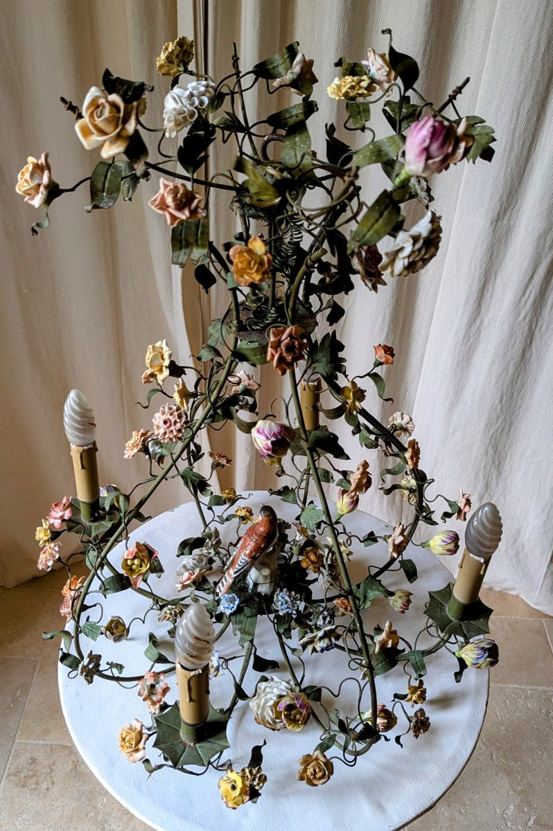 Lustre cage avec feuillage et fleurs et oiseau-photo-3