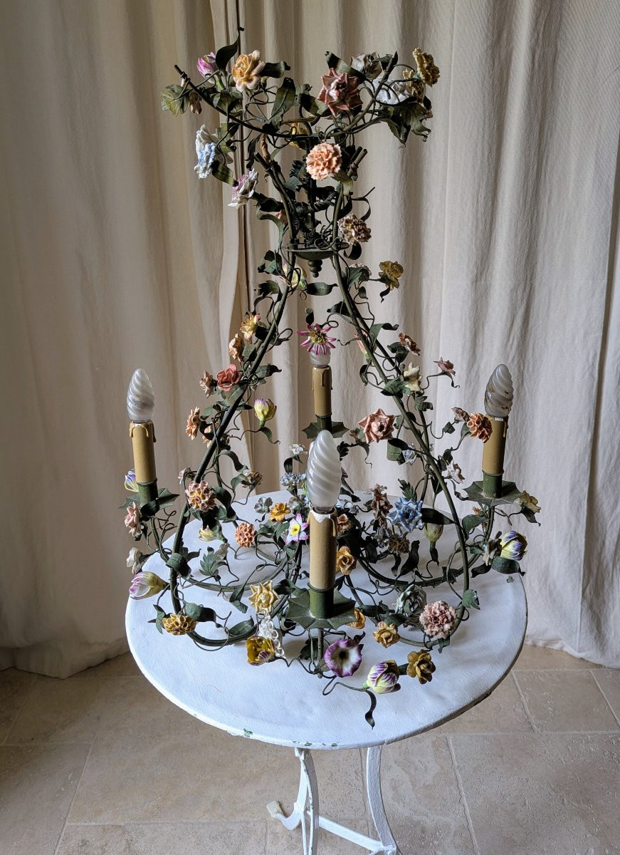Lustre cage avec feuillage et fleurs et oiseau-photo-4