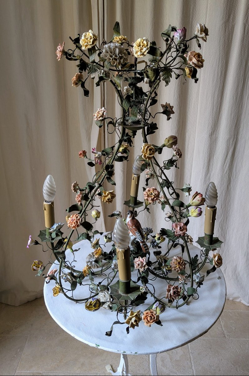 Lustre cage avec feuillage et fleurs et oiseau-photo-8