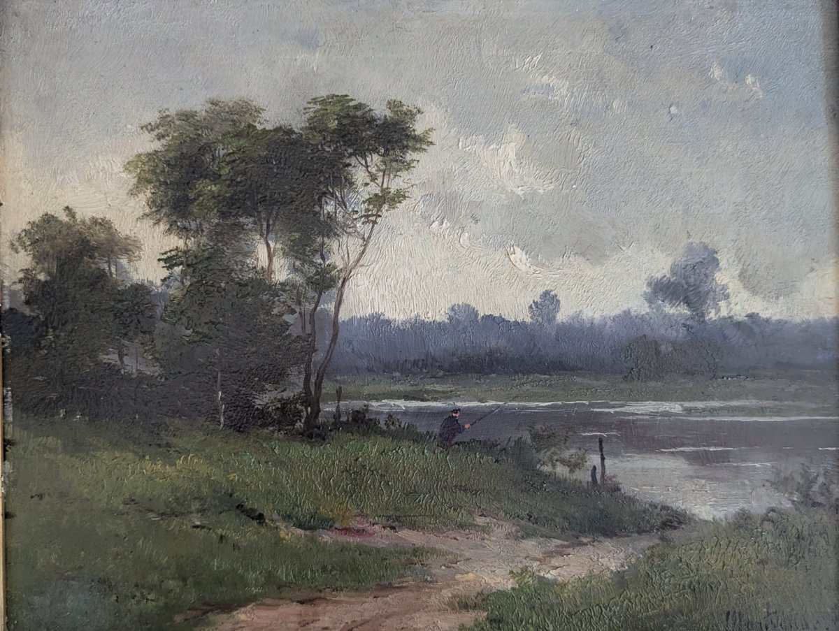Pêcheur au bord d'une rivière - XIXème siècle -photo-1