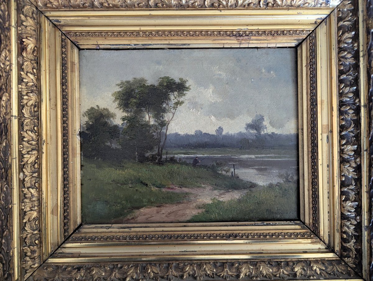 Pêcheur au bord d'une rivière - XIXème siècle -photo-2