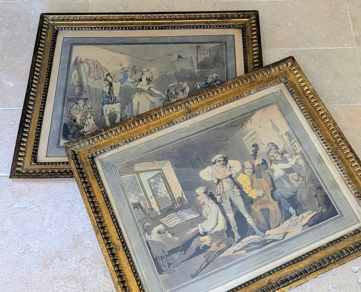 2 Framed 18th-century Satirical Etchings French And Italian Families