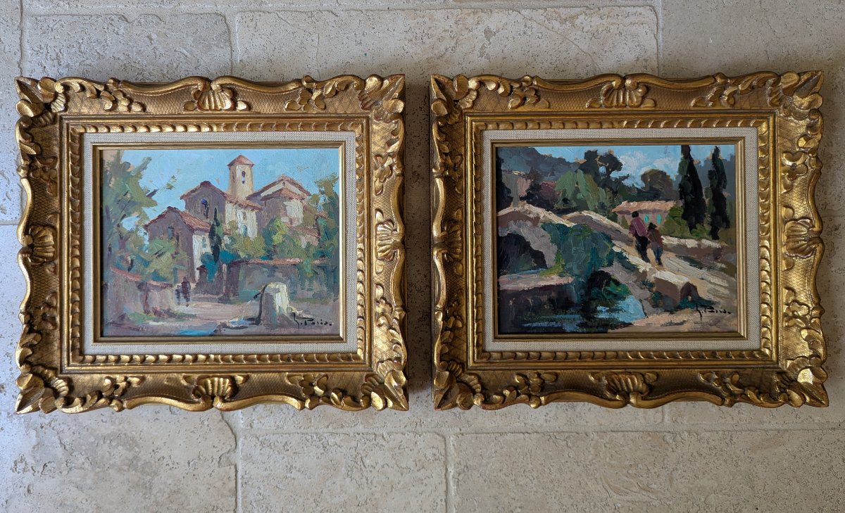 2 Framed Paintings By Maurice Paris. Villages Of Provence -photo-2