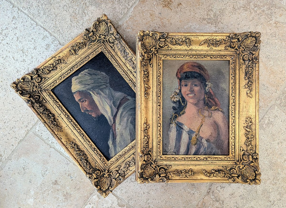 Paire de portraits orientalistes fin XIXème siècle Afrique du Nord-photo-1