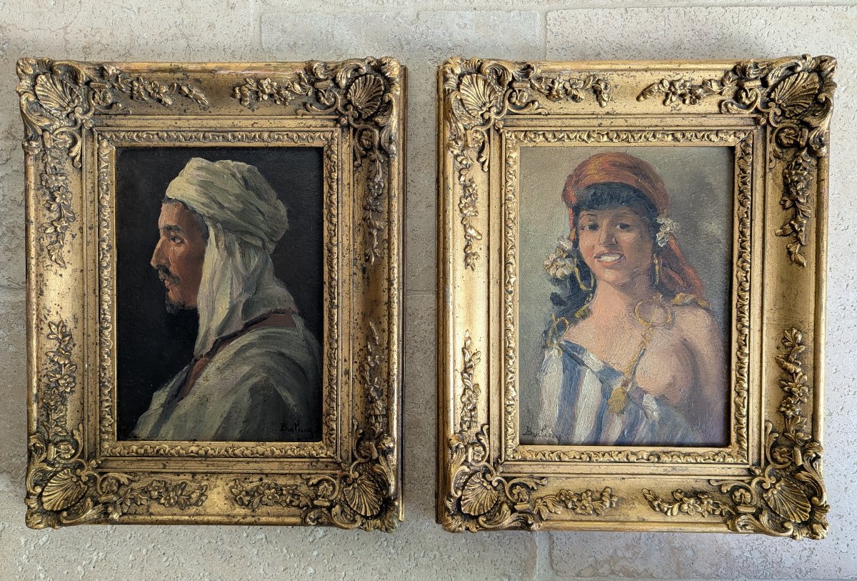 Paire de portraits orientalistes fin XIXème siècle Afrique du Nord