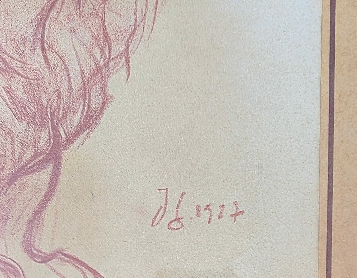 Lion rugissant par Jacques Gachot. Sanguine. 1927 Dessin animalier -photo-2