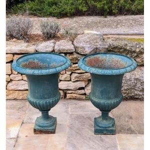 Garden - Pair Of Cast Iron Medici Vases