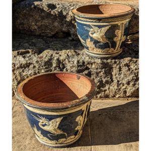 Pair Of Pots, Enameled Terracotta Planters.