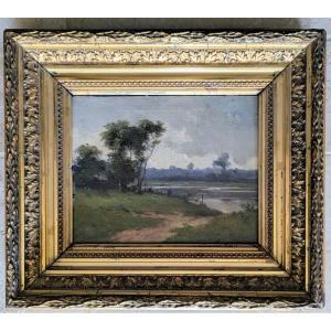 Pêcheur au bord d'une rivière - XIXème siècle 