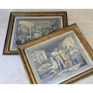 2 Framed 18th-century Satirical Etchings French And Italian Families