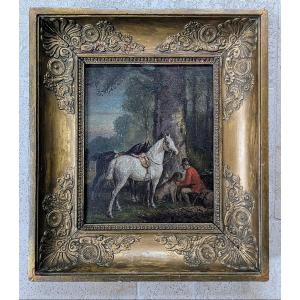 Piqueur, chevaux et chiens au repos par Alphonse Victor Baumann