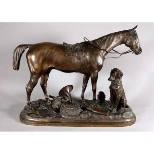 Chasse A Courre Cheval , Chien Cor De Chasse ,fusil Et Gibecièrepierre Lenordez (1814-1892)