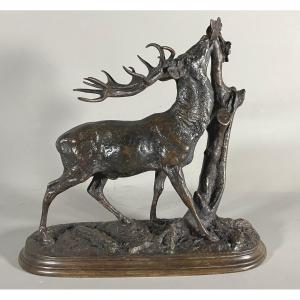 Pierre Jules Mêne 1810-1879 Deer At The Branch. Patinated Bronze 